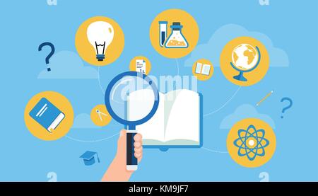 Hand holding magnification to search icons in a book vector.Search knowledge concept.Education concept vector with sky background. Stock Vector