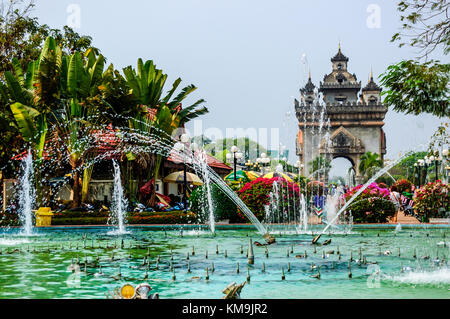 Vientiane, Laos - March 16, 2013: Patuxay Victory Gate & park, a war monument set in a public park in capital of Laos Stock Photo