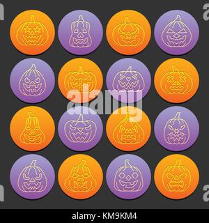 Carving face Halloween Pumpkin icon set. Flat style emboss thin line with shadow. Linear symbol collection. Outline sign on colored circles background Stock Vector
