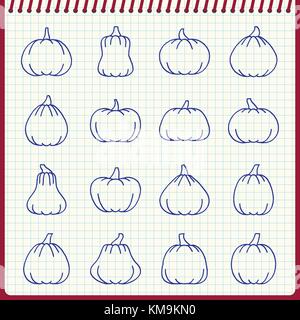 Pumpkin Halloween line icon set. Handwritten pen effect on checkered sheet background. Flat style vector illustration. Web, print, card, office, baner Stock Vector