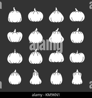 Halloween Pumpkin white silhouette icon set. Monochrome flat design vector illustration symbol collection. Simple graphic pictogram pack. Party, web,  Stock Vector