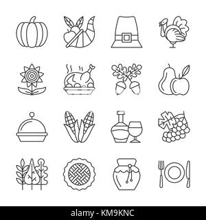 Thanksgiving day thin line icon set. Vector linear symbol pack. Outline sign without fill. Editable stroke. Simple pictogram graphic collection. Logo, Stock Vector