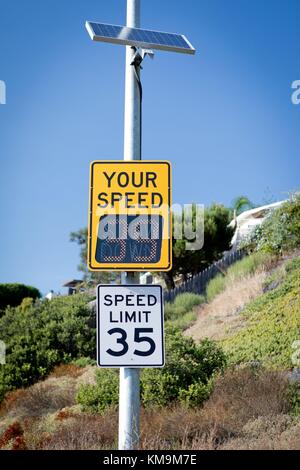 Solar powered radar speed sign prompts motorists to slow down, in September 2017. | usage worldwide Stock Photo