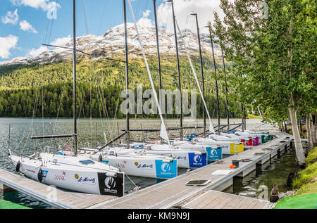 Sailing boats moored at Lake St.Moritz during the Match Race, St.Moritz, Switzerland Stock Photo