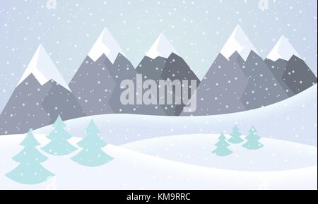 Vector flat design illustration of a snowy winter mountain landscape with hills, coniferous trees and snowflakes on a winter day under a gray sky - su Stock Vector