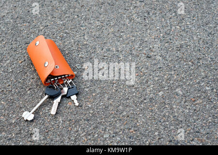 A bunch of keys in a leather case lying on the ground. Keys in the leather partholme were lost or found Stock Photo