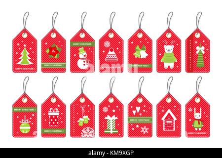 Set of Merry Christmas gift red tags with party items . Vector p Stock Vector