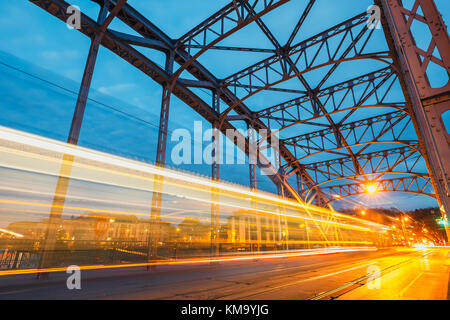 Abstract Tram Light Trail on the Pilsudzki bridge in Krakow, Poland Stock Photo