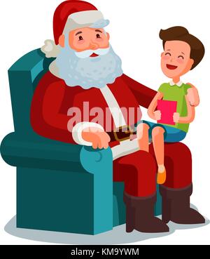 Christmas or New Year. Happy child sitting on lap of Santa Claus. Cartoon vector illustration Stock Vector