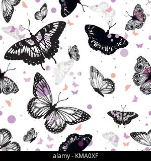 Seamless vector pattern of hand drawn sketch style butterflies. Stock Vector