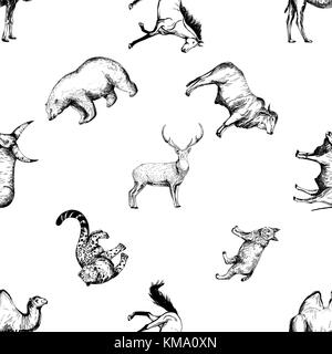 Seamless pattern of hand drawn sketch style animals. Vector illustration isolated on white background. Stock Vector
