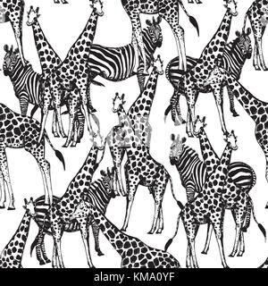 Seamless vector pattern of hand drawn sketch style giraffes and zebras. Stock Vector