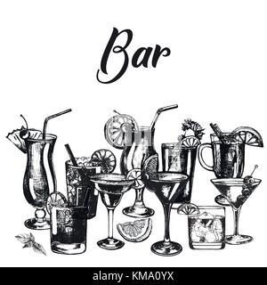 Set of hand drawn sketch style alcoholic drinks. Vector illustration isolated on white background. Stock Vector