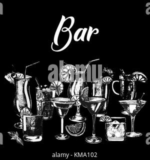 Set of hand drawn sketch style alcoholic drinks. Vector illustration isolated on black background. Stock Vector