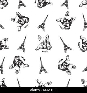 Seamless pattern of hand drawn sketch style Eiffel Tower and french bulldog. Vector illustration isolated on white background. Stock Vector