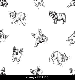 Seamless vector pattern of hand drawn sketch style bulldogs. Stock Vector