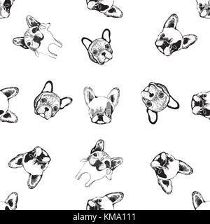 Seamless vector pattern of hand drawn sketch style bulldogs. Stock Vector