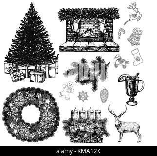 Set of hand drawn sketch style Christmas and New Year themed objects and elements. Vector illustration isolated on white background. Stock Vector