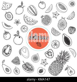 Hand drawn sketch set of fruits. Vector illustration isolated on white background. Stock Vector
