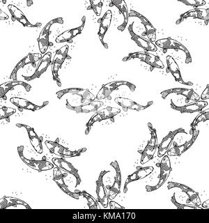 Seamless pattern of sketch style koi fish. Vector illustration isolated on white background. Stock Vector