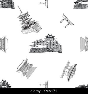 Seamless pattern of hand drawn sketch style Japanese castle, temples and gates. Vector illustration isolated on white background. Stock Vector