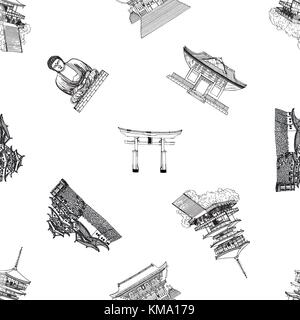 Seamless pattern of sketch style Japanese themed objects. Vector illustration isolated on white background. Stock Vector