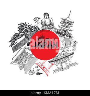 Set of hand drawn sketch style Japanese themed objects. Vector illustration isolated on white background. Stock Vector