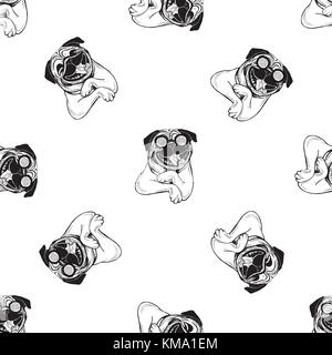Seamless pattern of hand drawn sketch style pugs. Vector illustration isolated on white background. Stock Vector