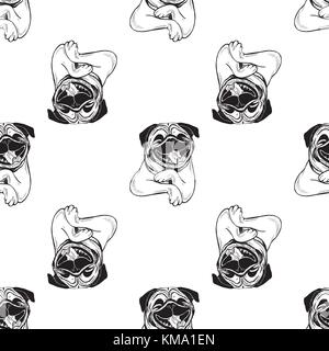 Seamless pattern of hand drawn sketch style pugs. Vector illustration isolated on white background. Stock Vector