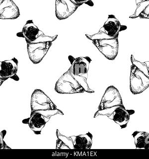 Seamless pattern of hand drawn sketch style french bulldog puppies. Vector illustration isolated on white background. Stock Vector