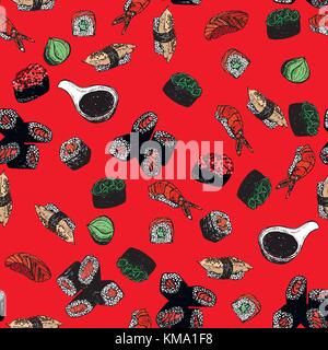 Seamless pattern of hand drawn sketch style sushi. Vector illustration isolated on red background. Stock Vector