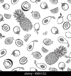 Seamless pattern of hand drawn sketch style tropical fruits. Vector illustration. Stock Vector