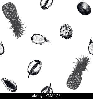 Seamless vector pattern of hand drawn sketch style tropical fruits. Stock Vector