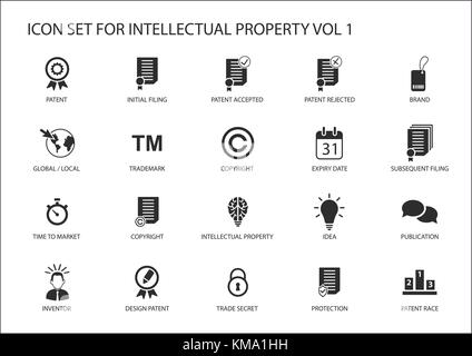 Intellectual property / IP vector icon set. Concept of patents, trademark and copyright Stock Vector