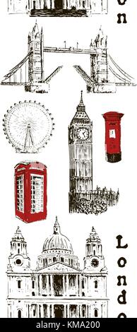 London architectural symbols: Big Ben, Tower Bridge, mail box, call box. St. Paul Cathedral. Vertical stripe seamless pattern Stock Vector