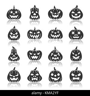 Carving face Halloween Pumpkin black silhouette with reflection icon set. Monochrome flat design vector illustration symbol collection. Simple graphic Stock Vector