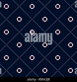 Seamless vector pattern with lifebuoy and dotted lines. Nautical motif. Stock Vector