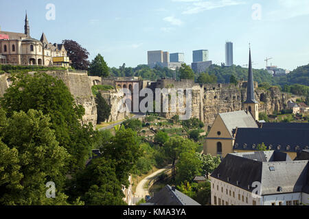 View from the old town wall to church St. Johannes, behind the europe district on Kirchberg, Luxembourg-city, Luxembourg, Europe Stock Photo