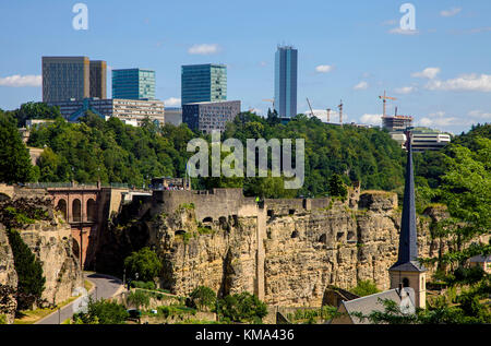 View on Rham-Plateau and St. Johannes church, behind the europe quarter, finance district on Kirchberg, Luxembourg-city, Luxembourg, Europe Stock Photo