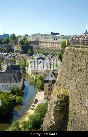 View point from Corniche on lower city with Alzette river, Luxembourg-city, Luxembourg, Europe