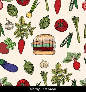 Seamless pattern of Colored Vegetable Set With Hamburger. Sketch of tomato, carrot, eggplant, onion, beet, radish Stock Vector