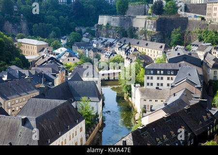 The river Alzette at the lower city, Grund, Luxembourg-city, Luxembourg, Europe Stock Photo