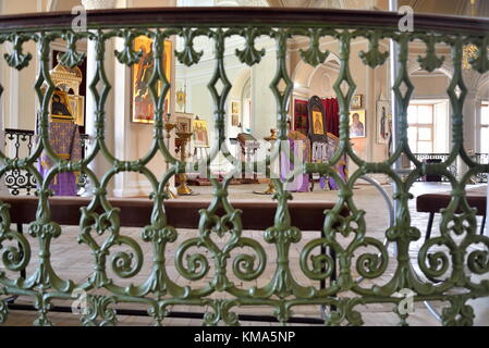 ST.PETERSBURG, RUSSIA - MARCH 03, 2017: View of the altar through the bars of the staircase of the chapel of the Holy Trinity in Gatchina Palace Stock Photo