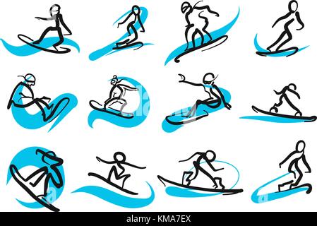 Set of sketched freestyle snowboarding people, hand-drawn vector illustration by two different pens. Black people in foreground, blue moving lines in  Stock Vector