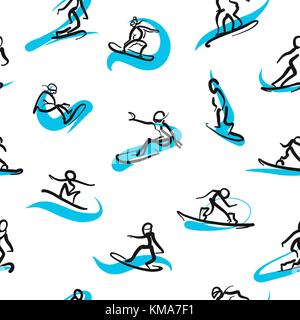 Hand drawn snowboarder icons, seamless pattern. Vector art sketch of freestyle movements. Stock Vector