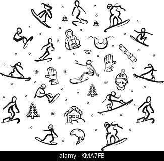 Snowboarding Freestyle Doodle Set. Hand drawn vector line art. Stock Vector