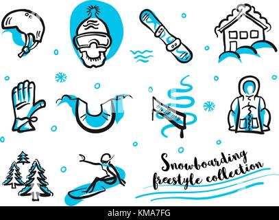 Snowboard freestyle collection icon set. Handdrawn separated Blue and black lines on white. Fast and rough sketches. Stock Vector