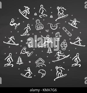 Snowboarding Freestyle Doodle Set on chalkboard. Hand Drawn white line icons of snowboarding people and equipment on black background. Stock Vector