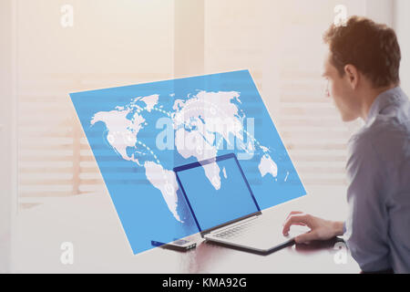 Global business world map showing worldwide international connections between cities, internet, financial trading, IoT data exchange, businessman usin Stock Photo