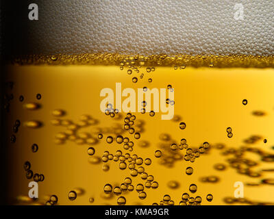 Closeup of freshly poured golden amber beer with frothy head and bubbles in a glass